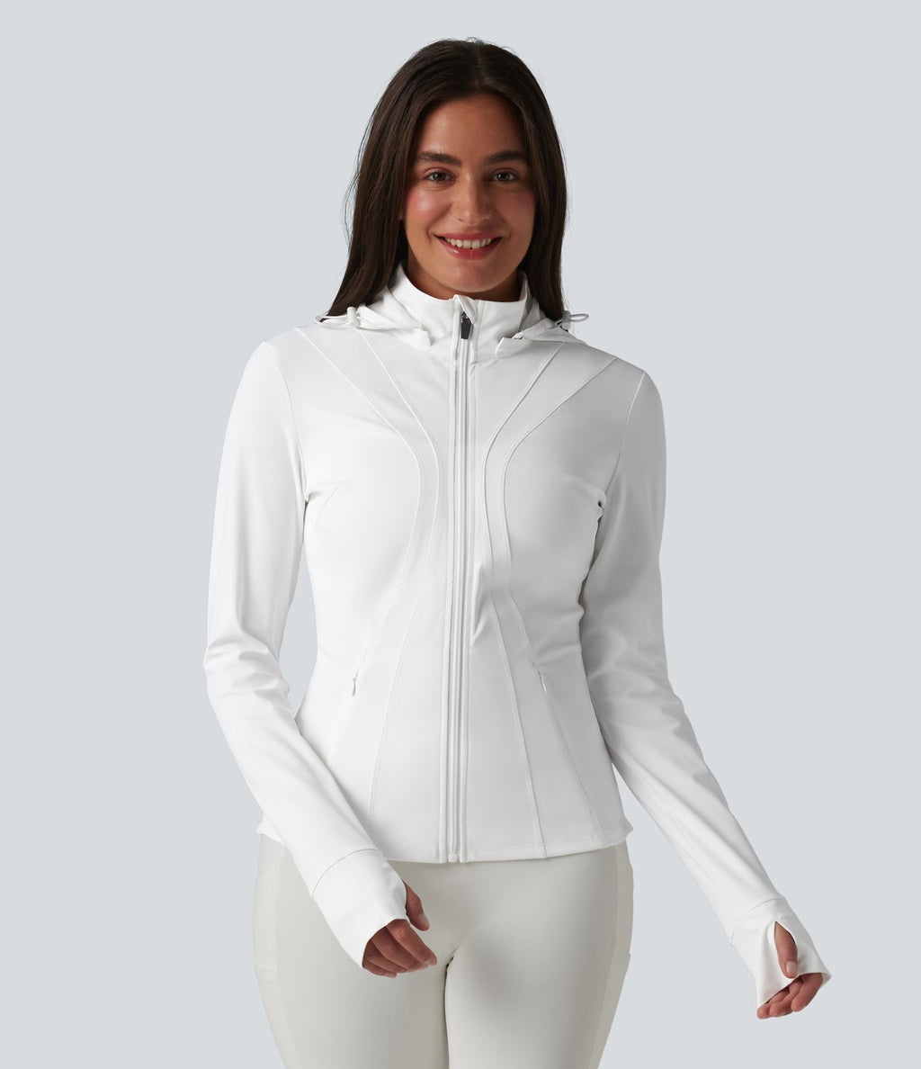 Veste de randonnée ajustée capuche amovible à trous pouces ourlet volants