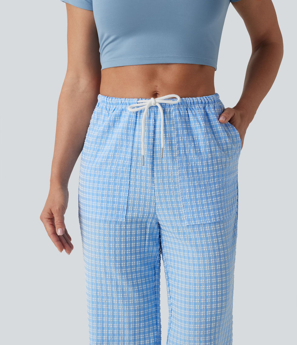 Pantalon casual coupe droite taille mi-haute vichy à cordon de serrage avec poches