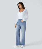 Jean décontracté Halara Flex™ taille haute, extensible, délavé, jambes droites avec poches multiples