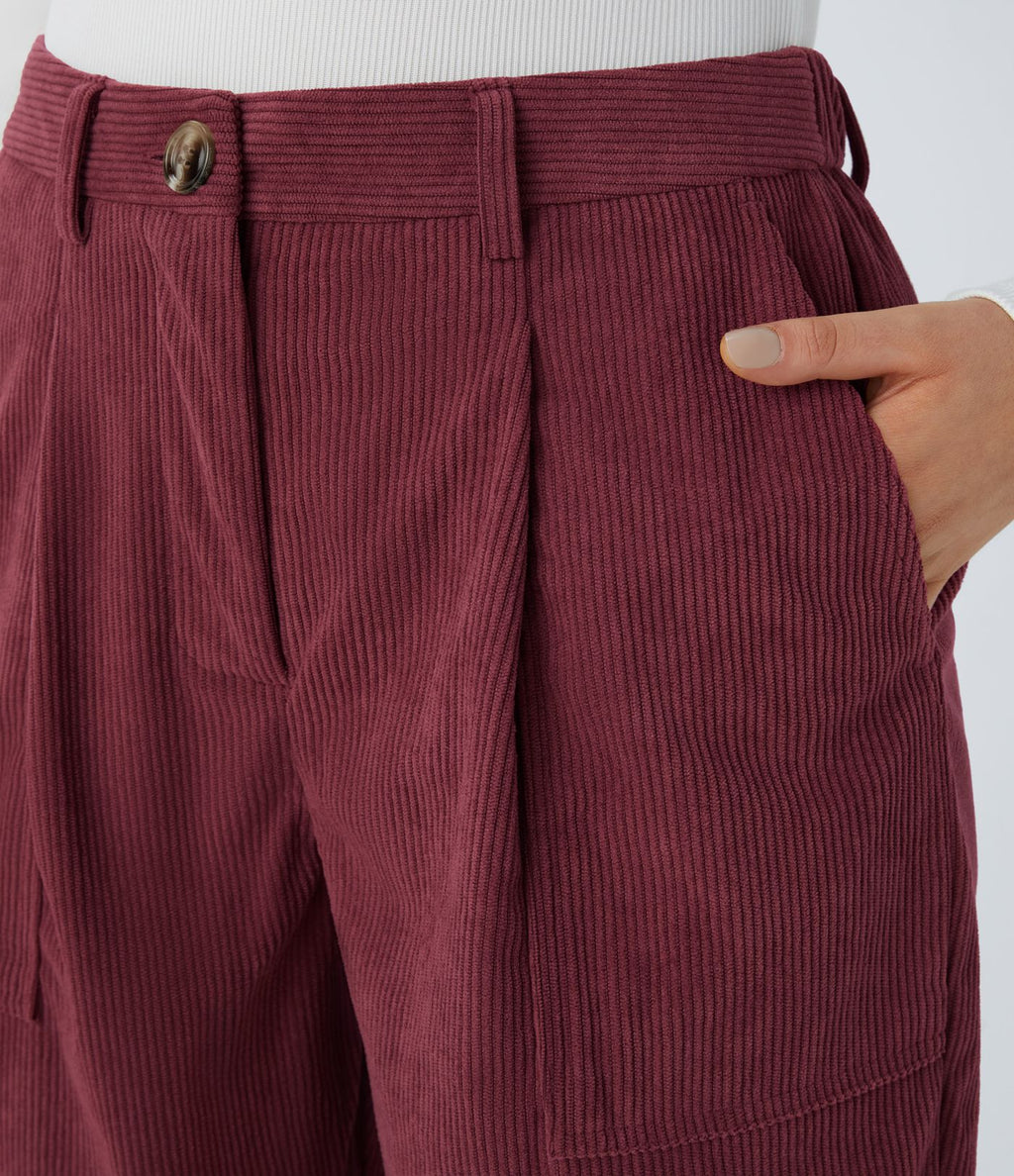 Pantalon décontracté en velours côtelé avec taille mi-haute, boutons et fermeture éclair