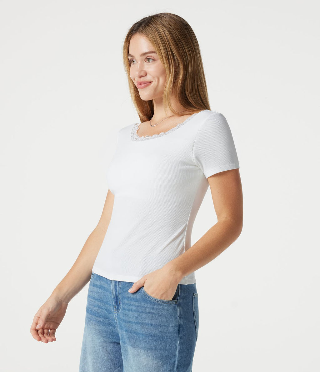 T-shirt décontracté en maille côtelée, col rond échancré, dos en U, manches courtes, brassière intégrée en dentelle contrastée