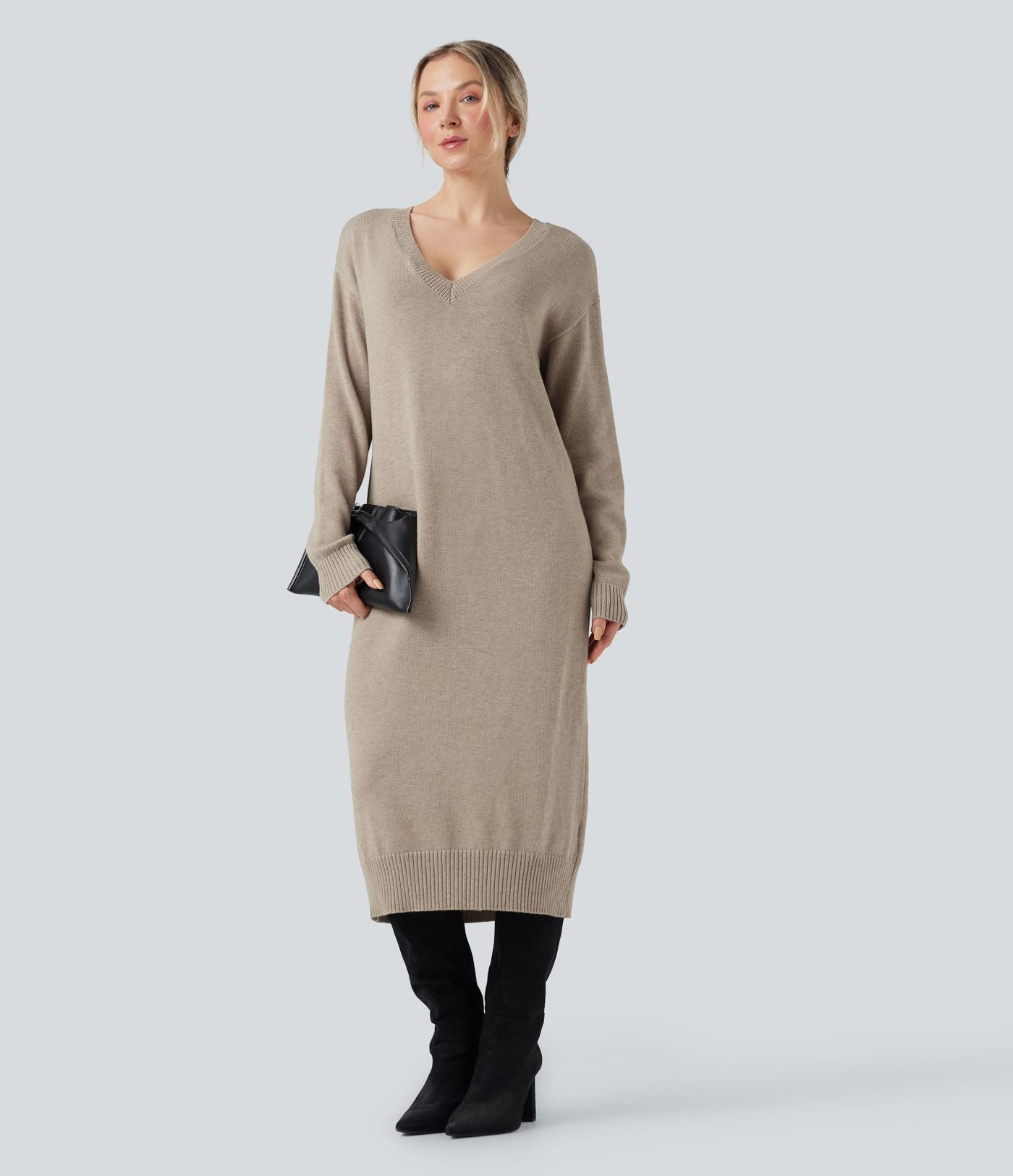 Robe pull laine mélangée col V manches longues mi-longue - réversible devant et dos
