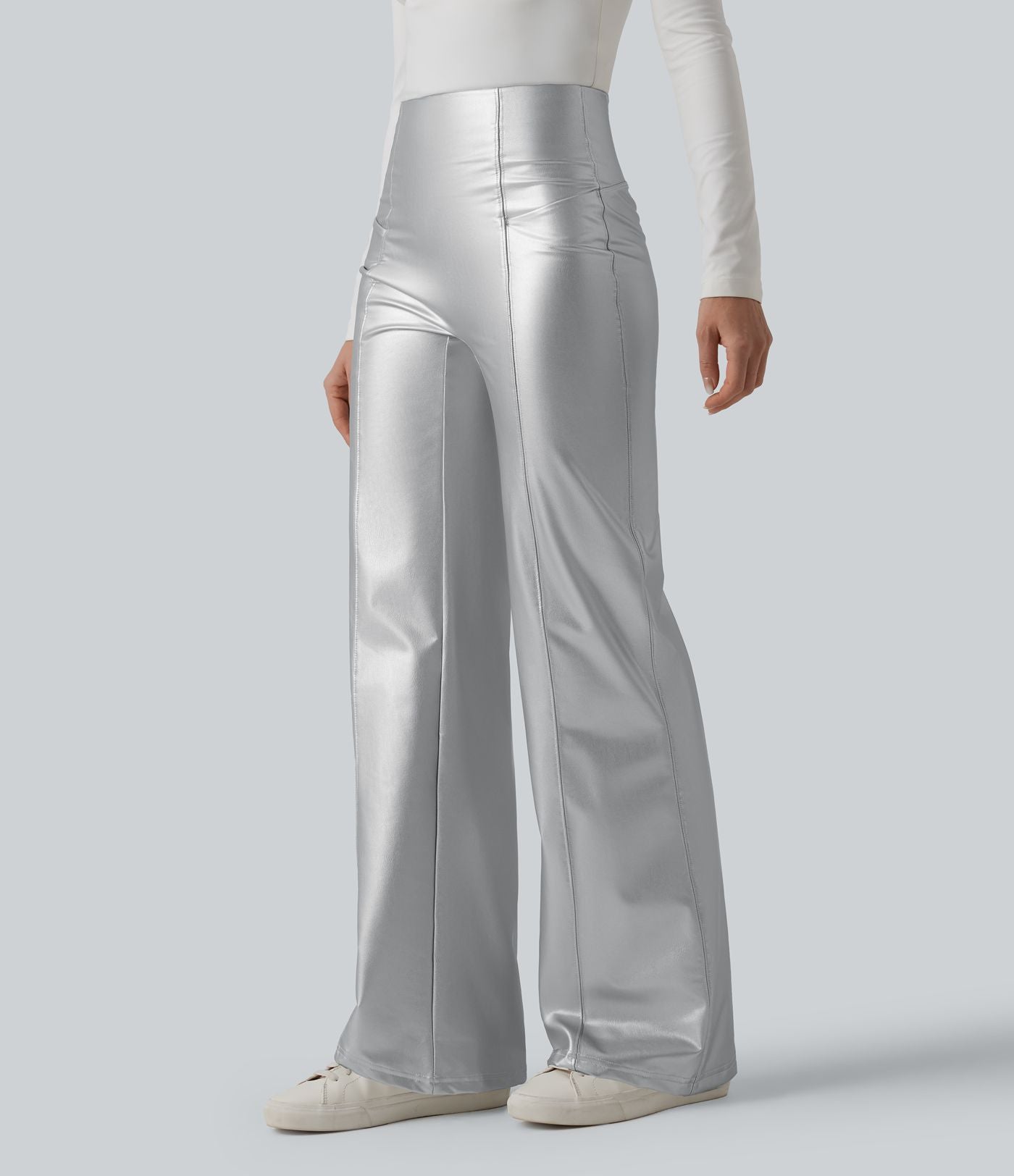 Pantalon similicuir évasé gainant taille haute stretch avec poches