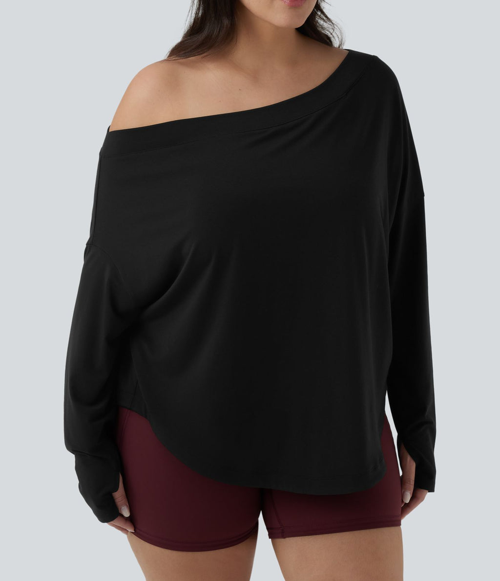Haut de yoga grande taille asymétrique une épaule dénudée manches longues avec passages pouces, ourlet arrondi high-low et séchage rapide - Brassière intégrée