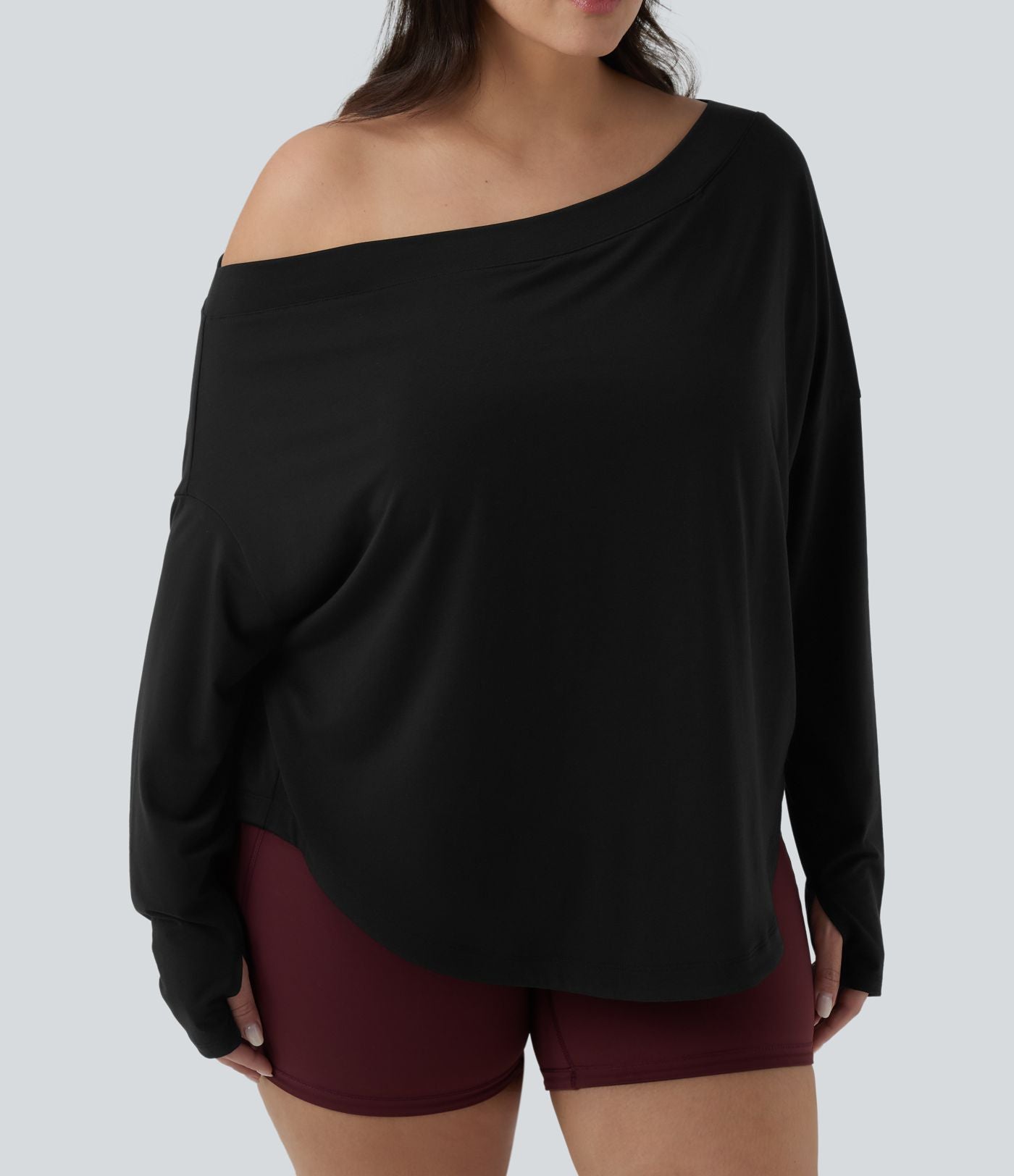 Haut de yoga grande taille asymétrique une épaule dénudée manches longues avec passages pouces, ourlet arrondi high-low et séchage rapide - Brassière intégrée