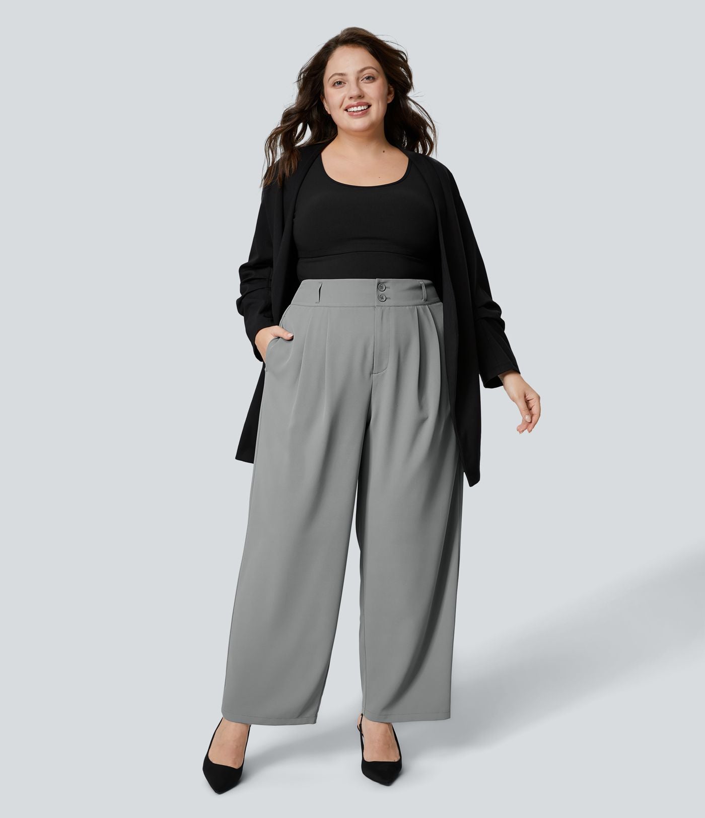 Pantalon Tailleur Droite Taille Haute Boutonnés Fermeture Éclair Plissé Poches Latérales Froncé Grande Taille