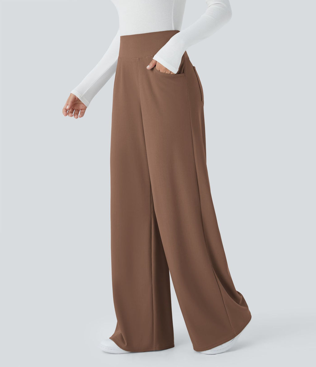 Pantalon tailleur large gainant taille haute en micro-gaufré avec poches Halara Flex™