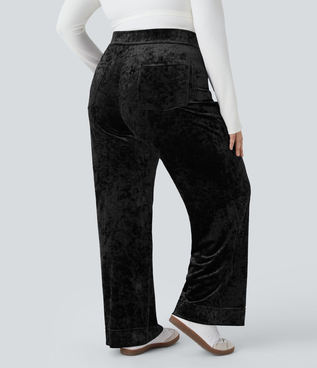 Pantalon décontracté grande taille en velours taille haute à boutons avec poches multiples et jambes droites