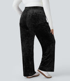 Pantalon décontracté grande taille en velours taille haute à boutons avec poches multiples et jambes droites