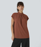 Blouse de Travail à Col Montant Plissée avec Boutons dans le Dos et Manches Courtes