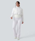 PuffFlex Grande taille Doudoune courte 3-en-1 col montant casual & Veste à ourlet arrondi et trous pour les pouces avec poches