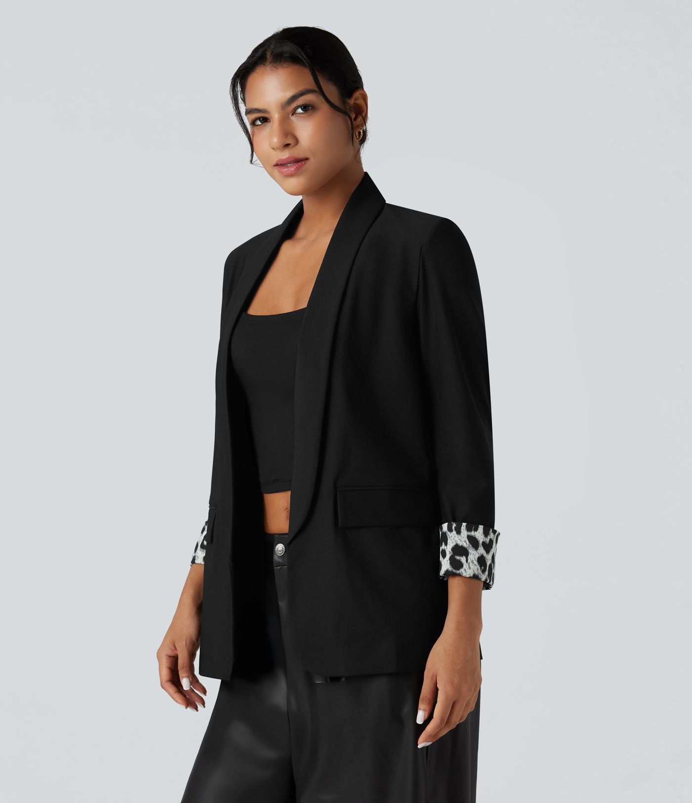 Blazer tailleur sergé imprimé léopard col tailleur manches longues avec poches