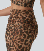 Jupe longue sirène de soirée mesh imprimé léopard avec fronces taille mi-haute