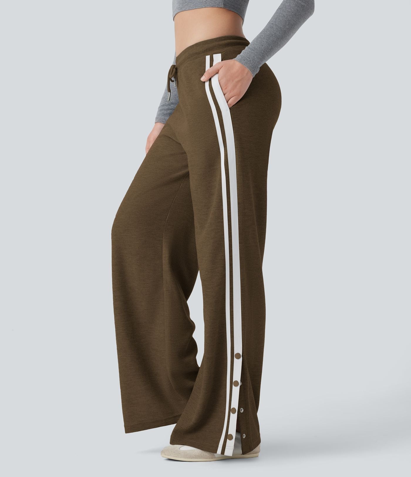 Pantalon jogging décontracté large taille basse à cordon en gaufre à blocs de couleurs avec boutons-pression fendus et poches