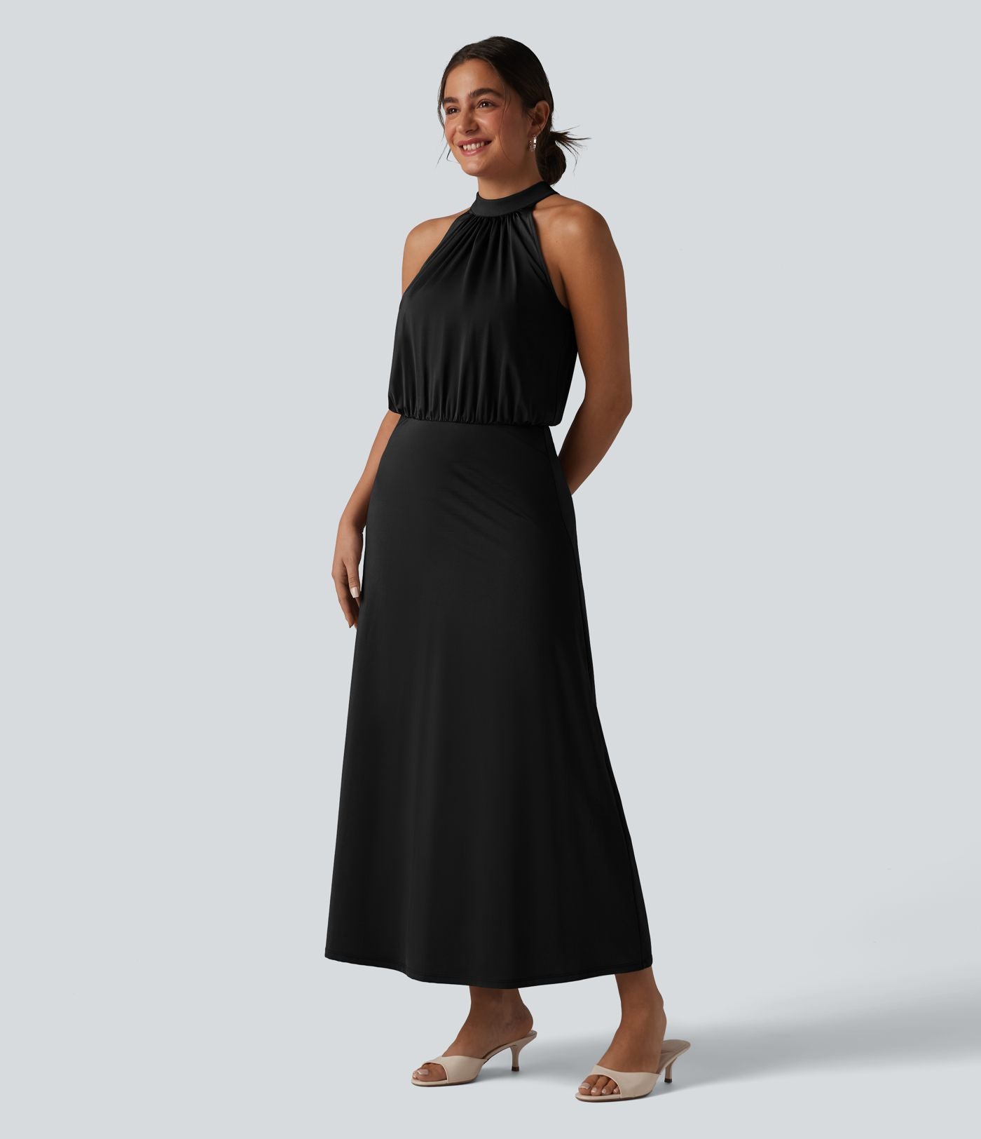 Robe midi col cheminée sans manches dos découpé extensible aspect satiné effet frais InstantCool
