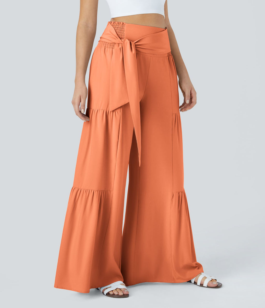 Breezeful™ Pantalon Large Casual Taille Haute Froncé à Nouer Devant et Dos Fluide Séchage Rapide