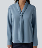 Blouse esprit bureau défroissage facile, col V, manches longues et lien à nouer