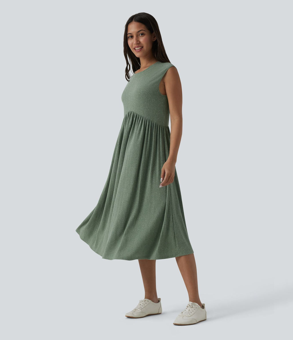 Robe midi fluide décontractée maille côtelée mélange lin col rond sans manches