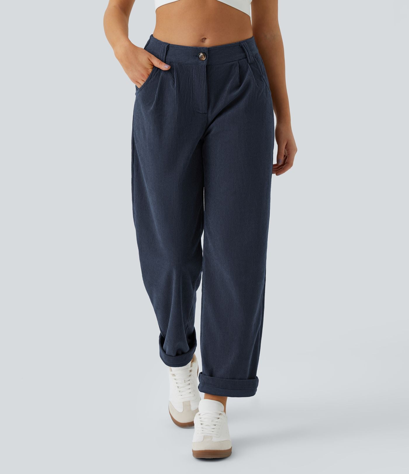 Pantalon en velours côtelé décontracté taille moyenne avec poches latérales