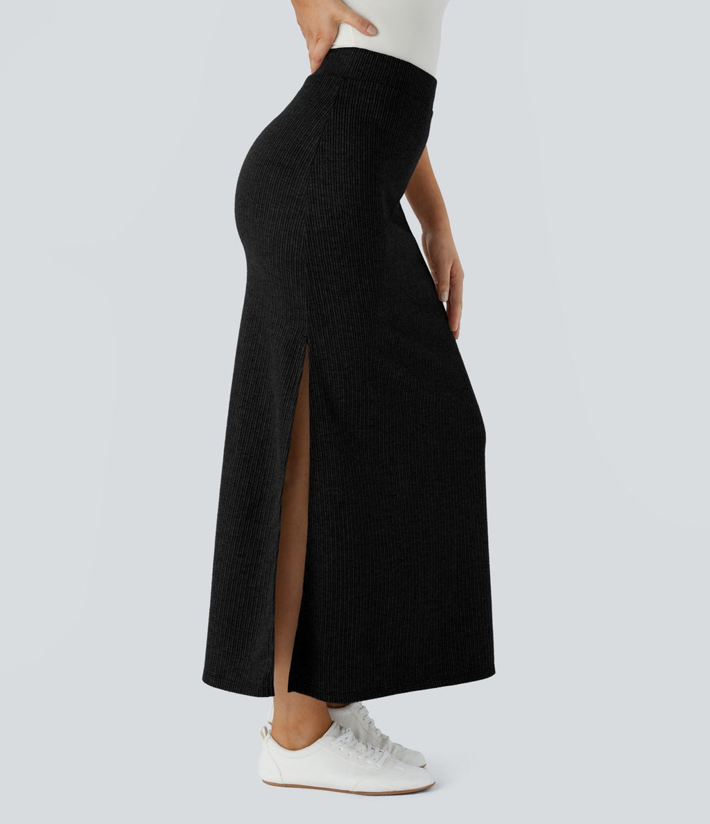Jupe Casual Maxi à Taille Haute et Ourlet Fendu en A-Line en Côtes