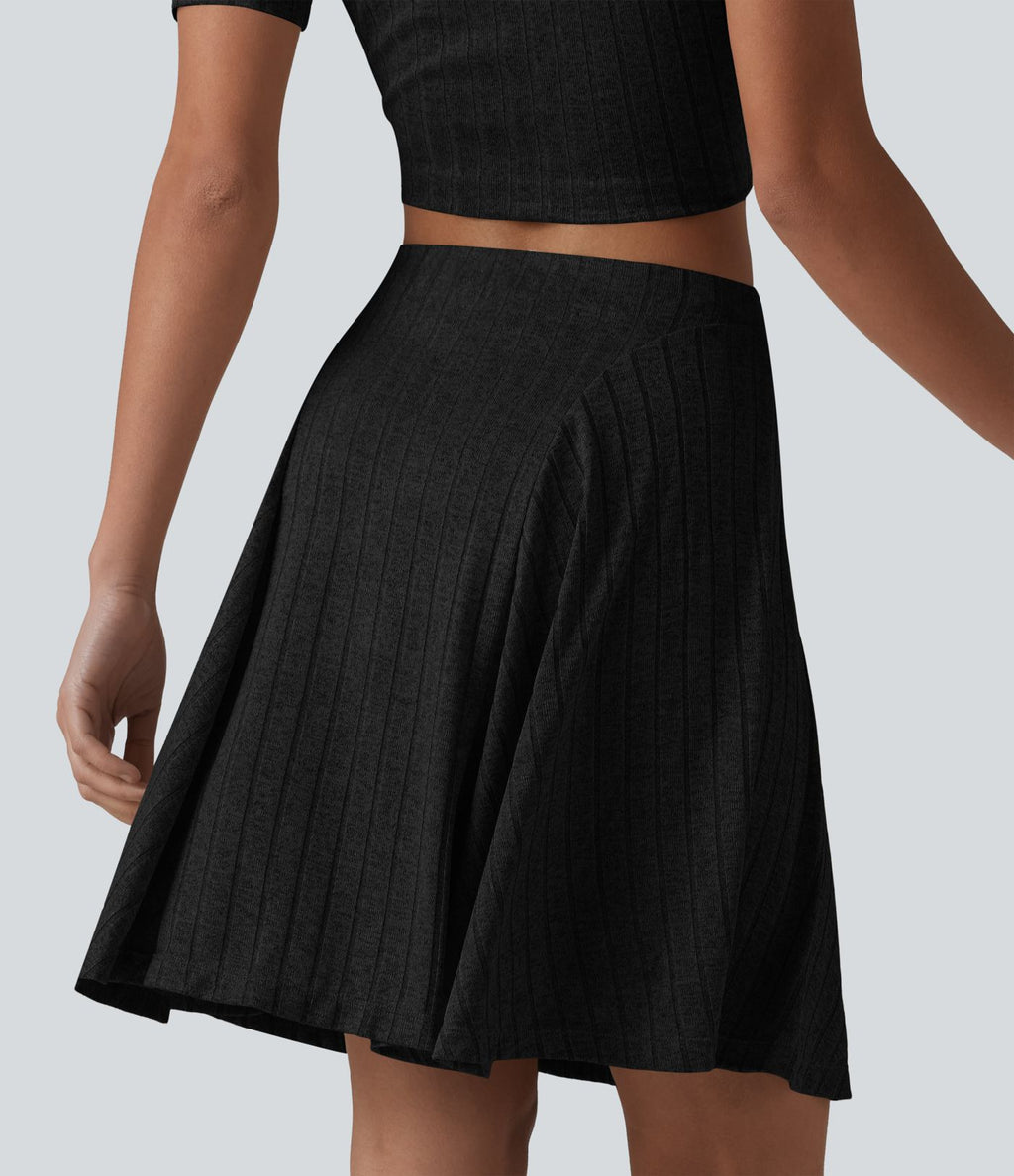 Jupe mini évasée casual 2 en 1 en maille côtelée taille haute avec poches