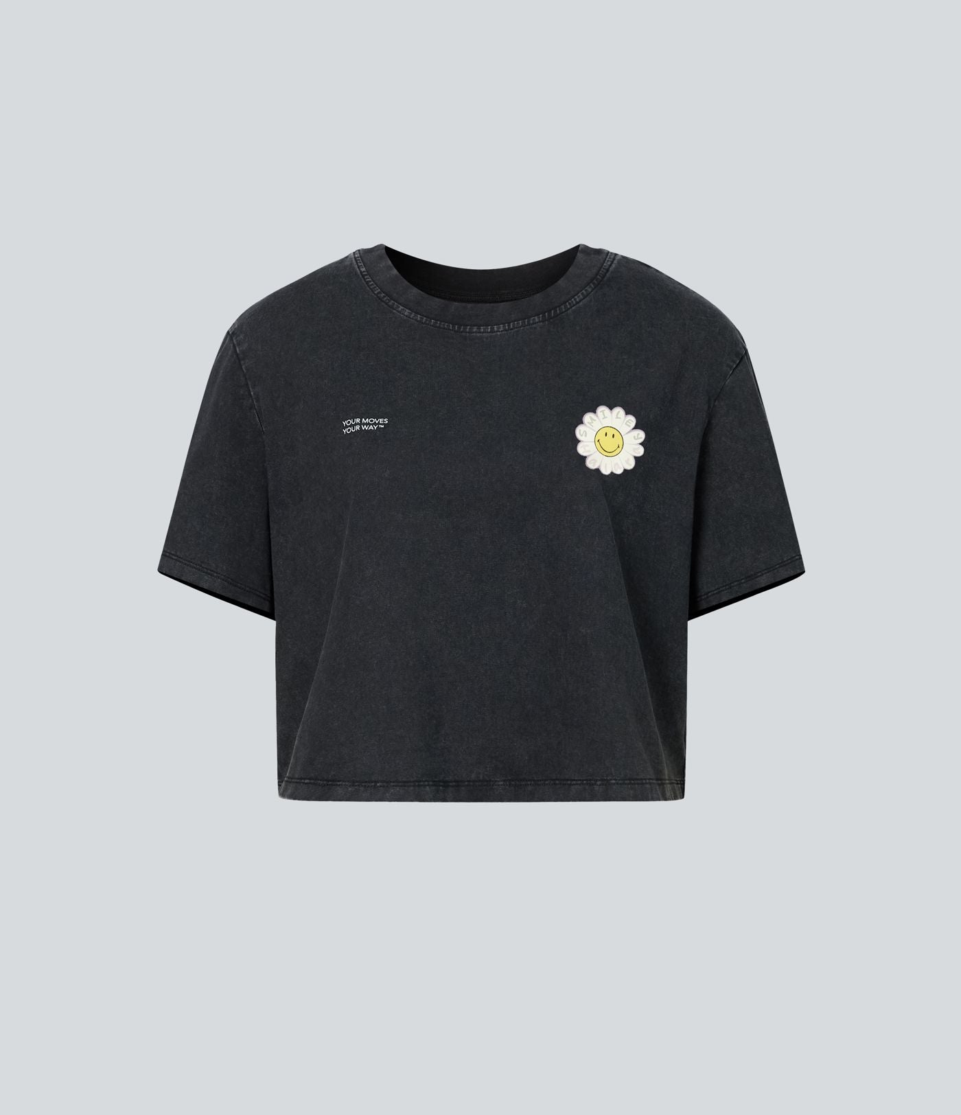 T-shirt casual en coton délavé Halara X Smiley® col rond à manches courtes