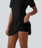 Robe mini casual 2 pièces col rond manches courtes dos goutte d'eau avec poches