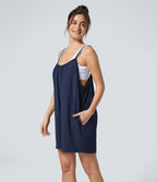 Combinaison Large Casual à Jambes Larges Solide avec Fines Bretelles Réglables Poches Latérales Plissées