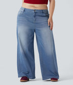 Jean décontracté grande taille Halara Flex™ taille basse large en maille extensible délavée avec multiples poches