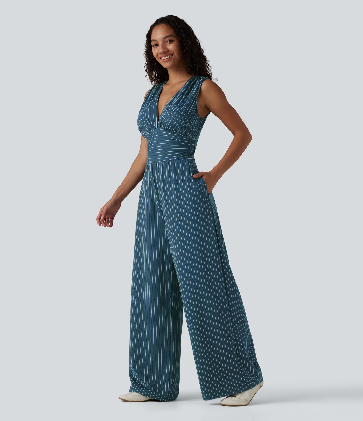 Combinaison tailleur col V sans manches à rayures et fronces avec poches - Easy Peasy