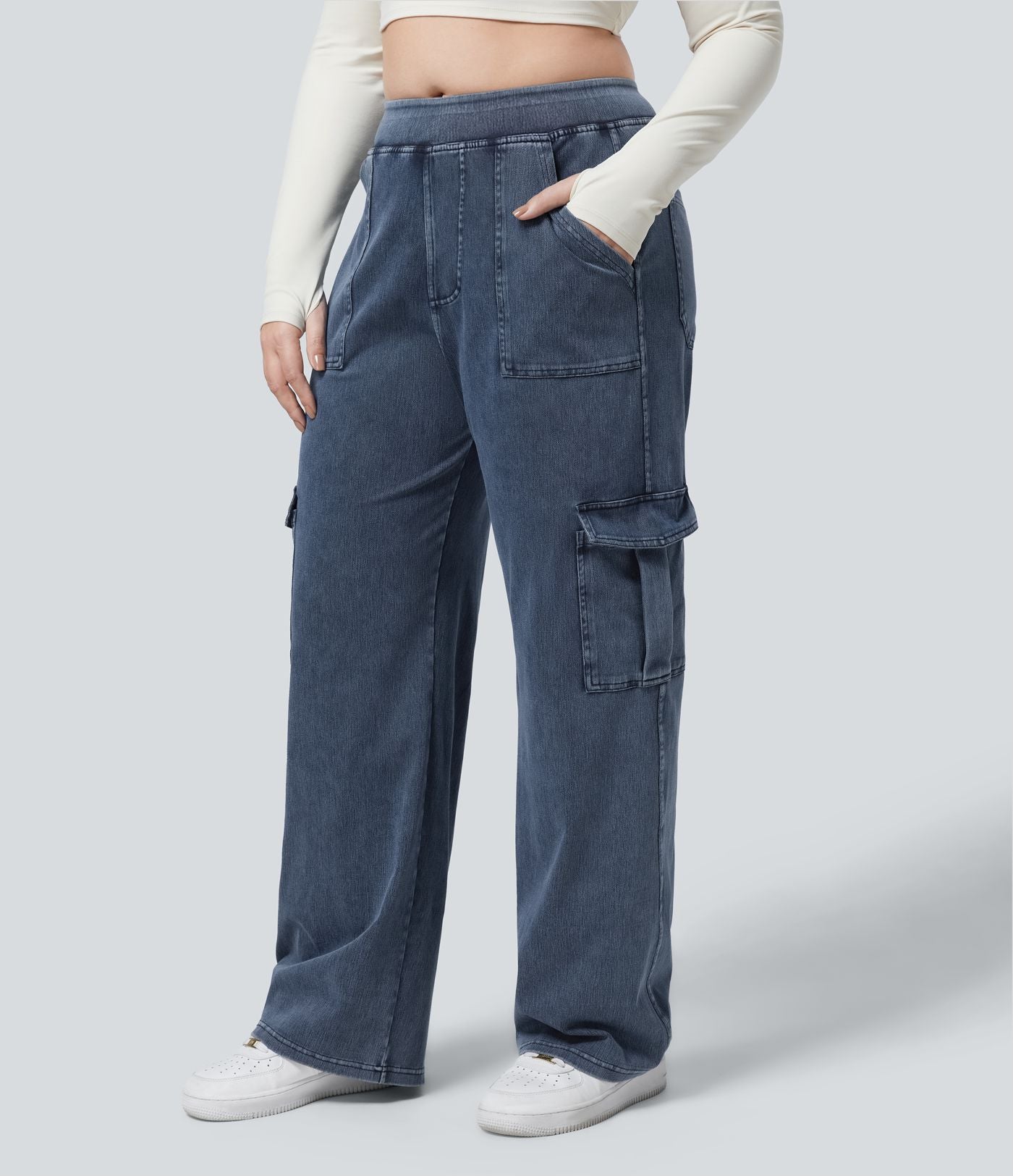 Halara Flex™ Jean Droite Cargo Taille Mi-Haute Multiples Poches Décontracté Extensible Droite Grande Taille