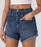 Short décontracté en jean extensible délavé Halara Flex™ taille moyenne avec revers et poches avant