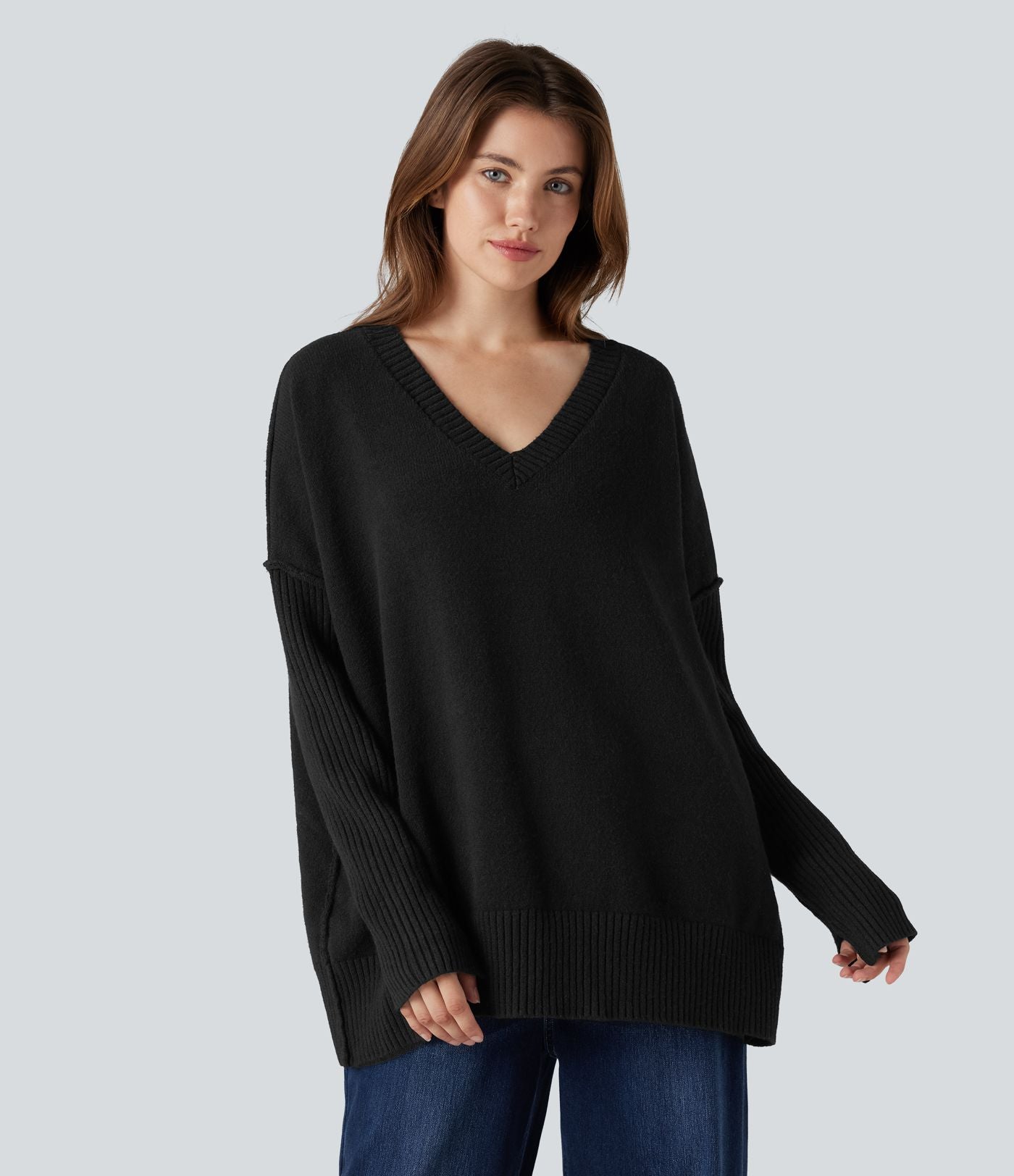 Pull col V manches raglan longues coupe décontractée