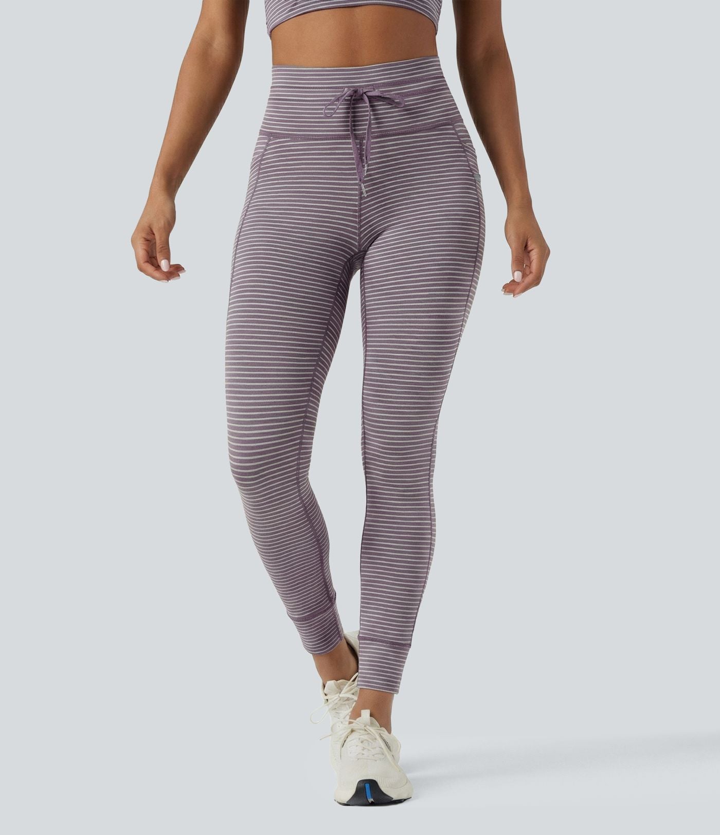 Legging de yoga rayé taille haute avec cordon de serrage et poches