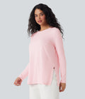 T-shirt décontracté maille côtelée manches longues ourlet fendu