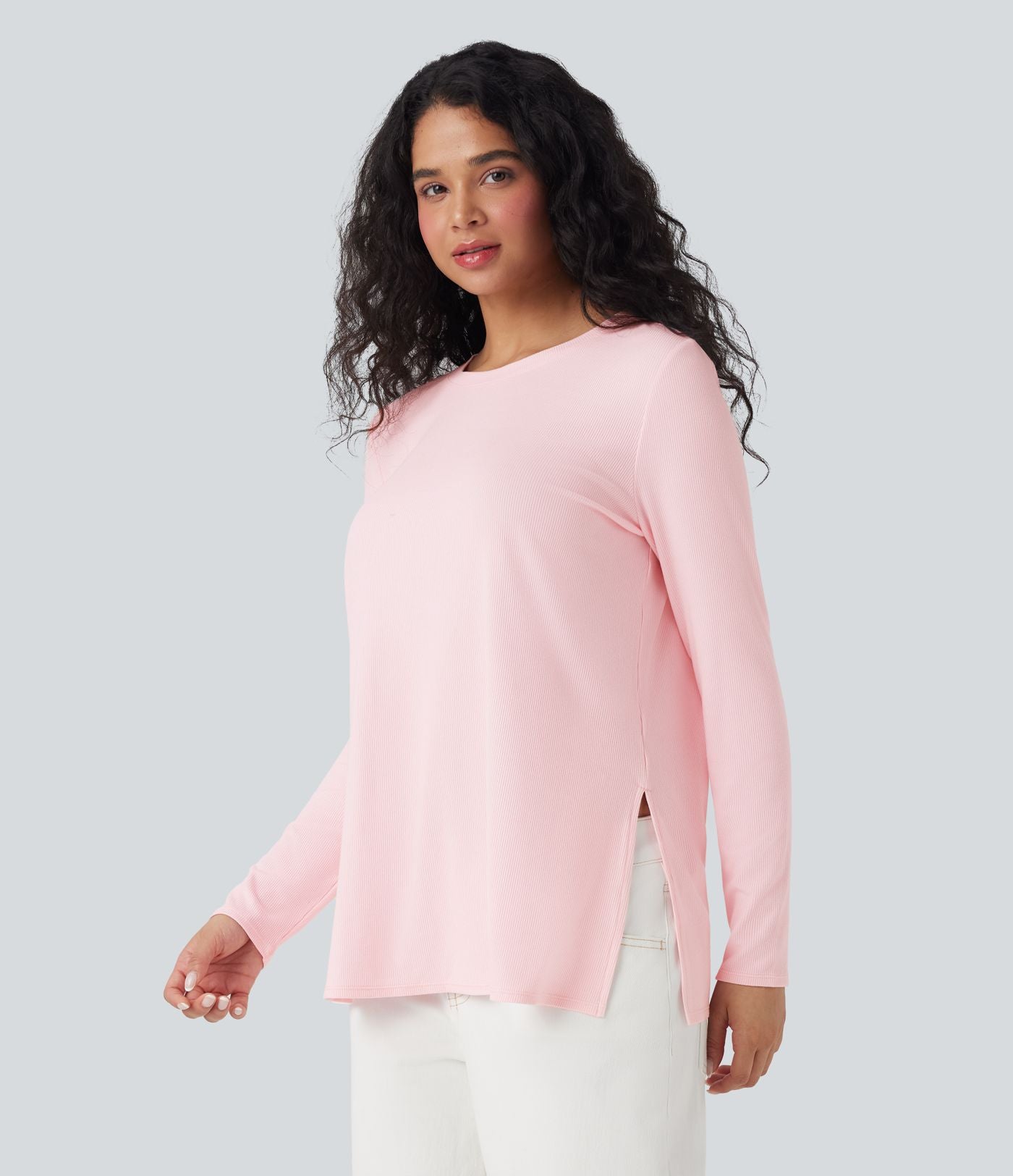 T-shirt décontracté maille côtelée manches longues ourlet fendu