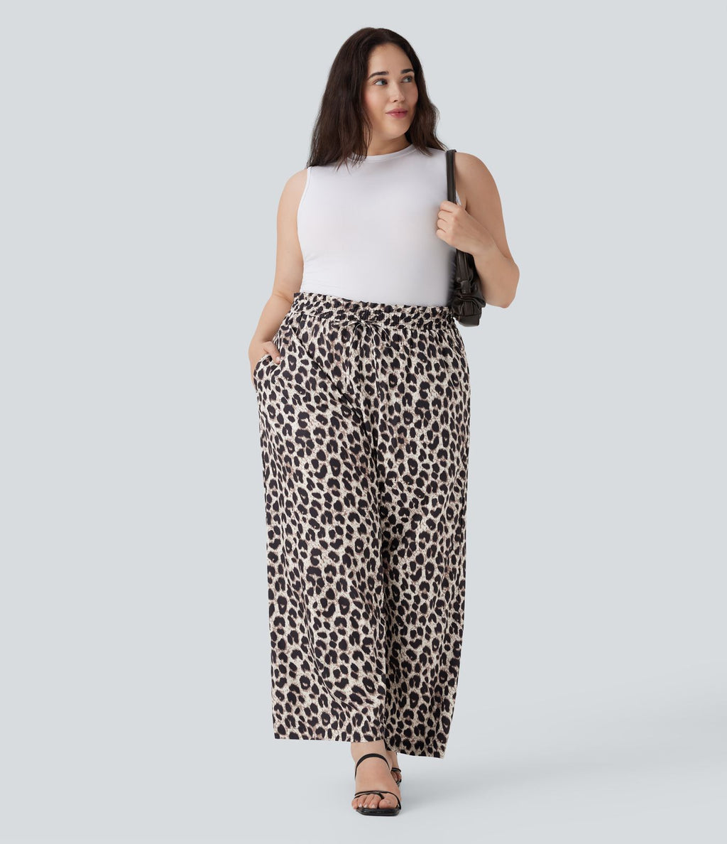 Pantalon décontracté grande taille large fluide taille haute imprimé léopard avec cordon de serrage et poches latérales