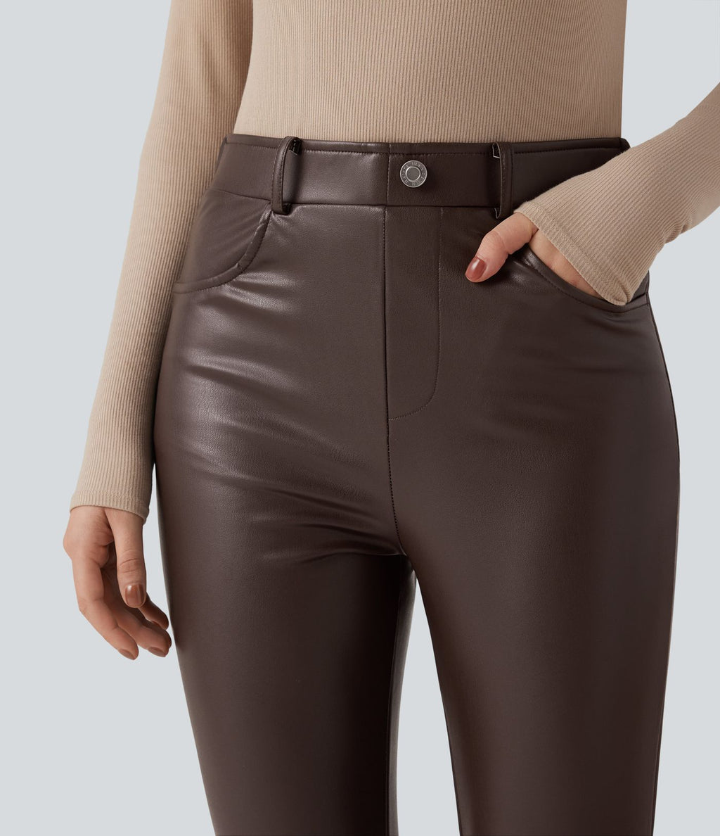 Pantalon simili cuir décontracté fuselé 7/8 taille mi-haute polaire extensible avec poches