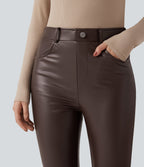 Pantalon simili cuir décontracté fuselé 7/8 taille mi-haute polaire extensible avec poches