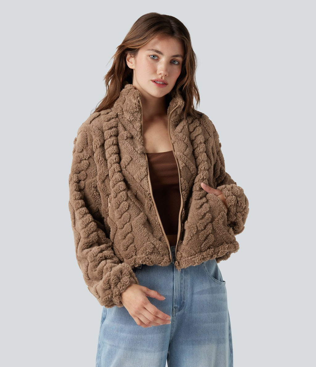 Veste sherpa col montant avec fermeture éclair et poches