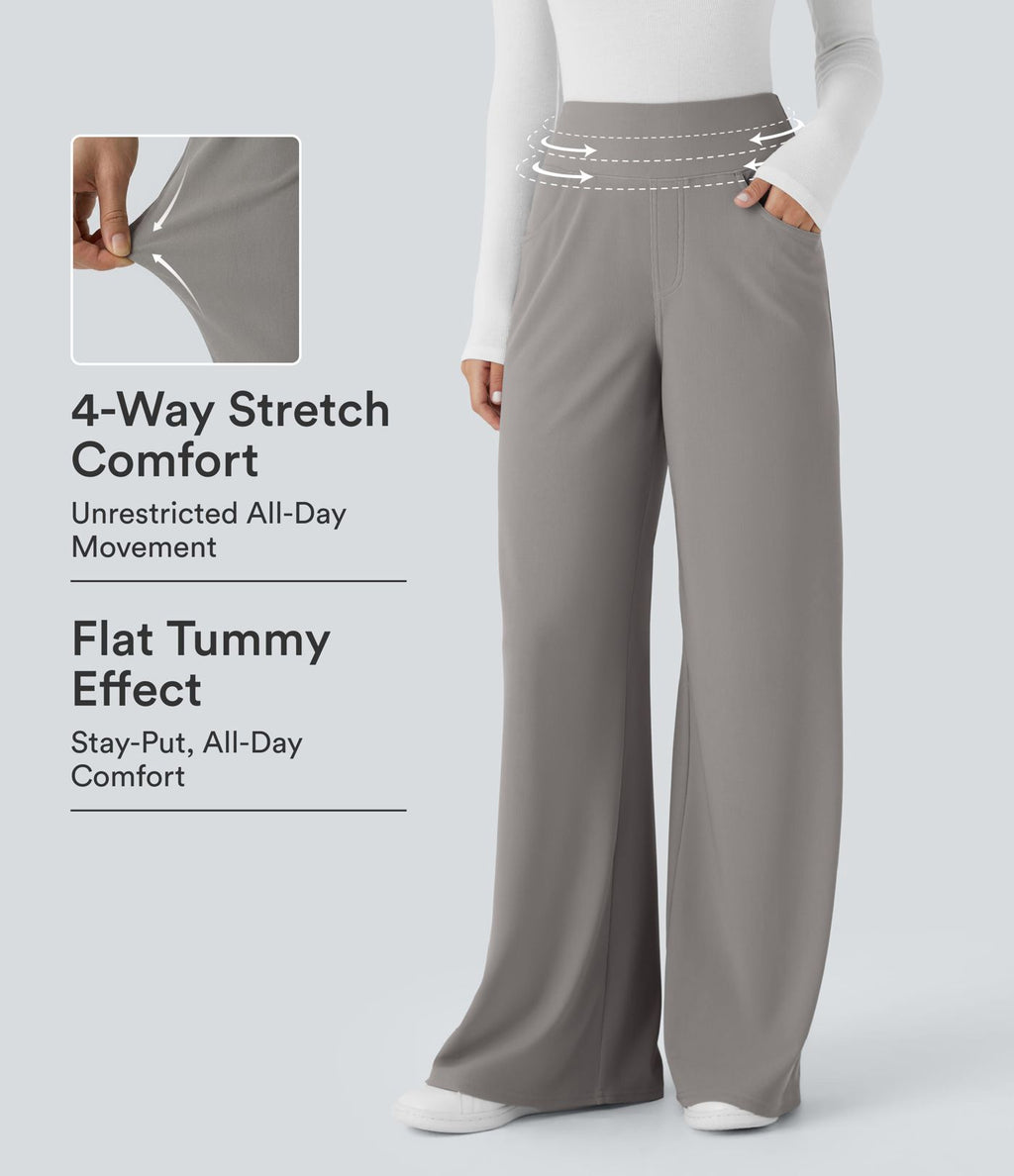 Pantalon tailleur large gainant taille haute en micro-gaufré avec poches Halara Flex™