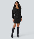 Robe-pull courte décontractée à col V croisé, manches chauve-souris longues et ceinture
