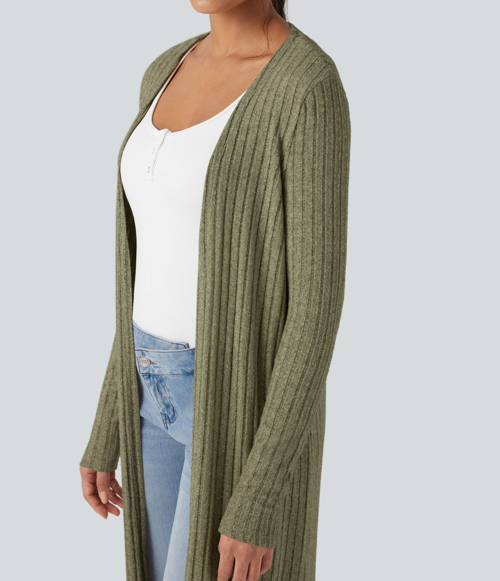 Manteau long décontracté maille côtelée manches longues avec fente