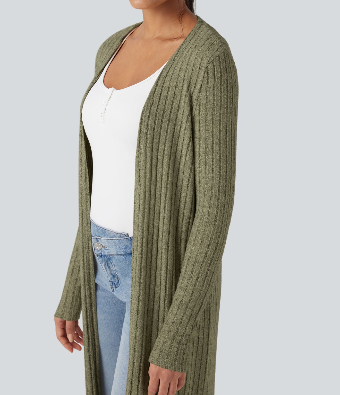 Manteau long décontracté maille côtelée manches longues avec fente