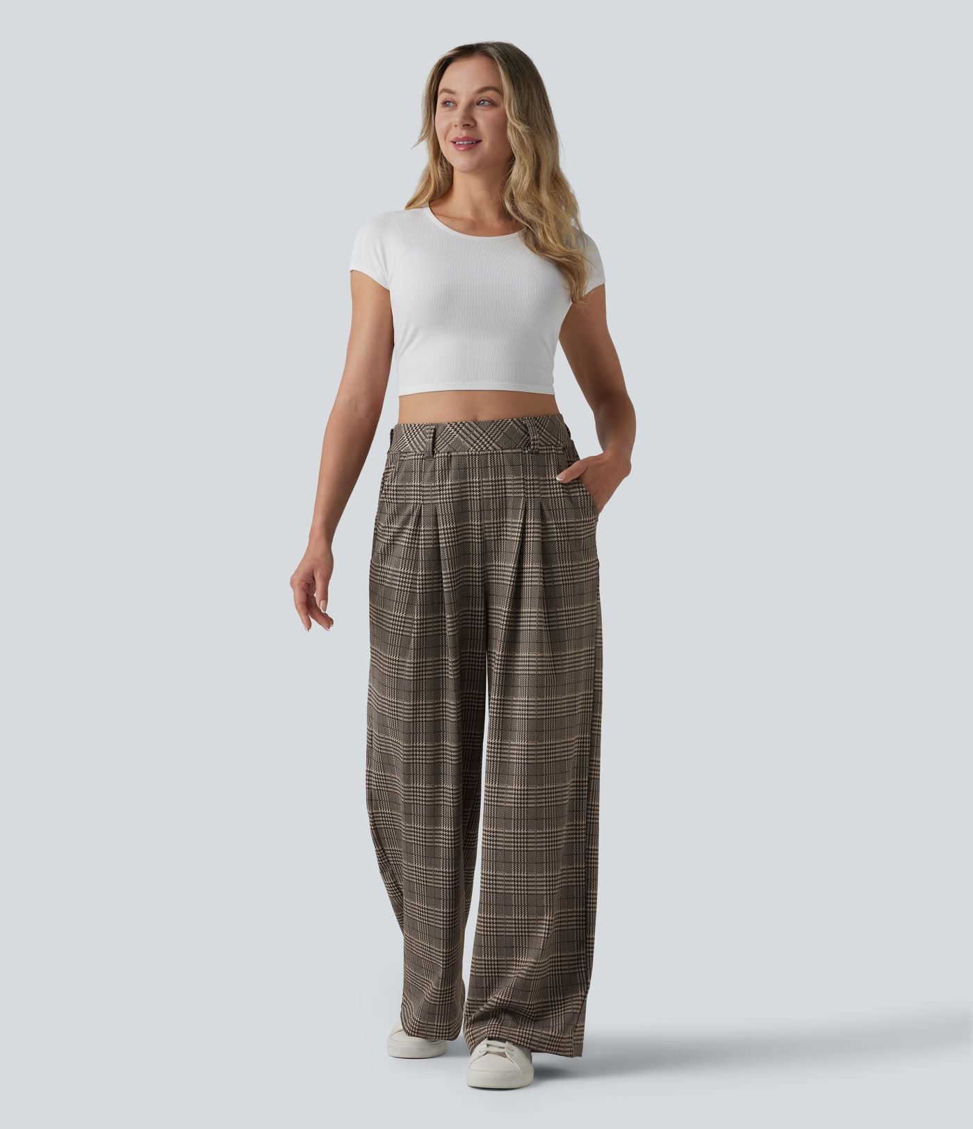 Pantalon large taille haute à carreaux pied-de-poule avec poches