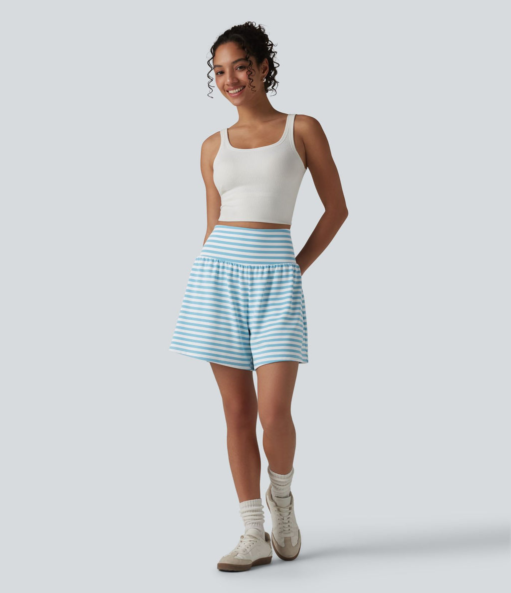 Short casual 2-en-1 à rayures en tissu gaufré taille haute 12,5 cm avec poches