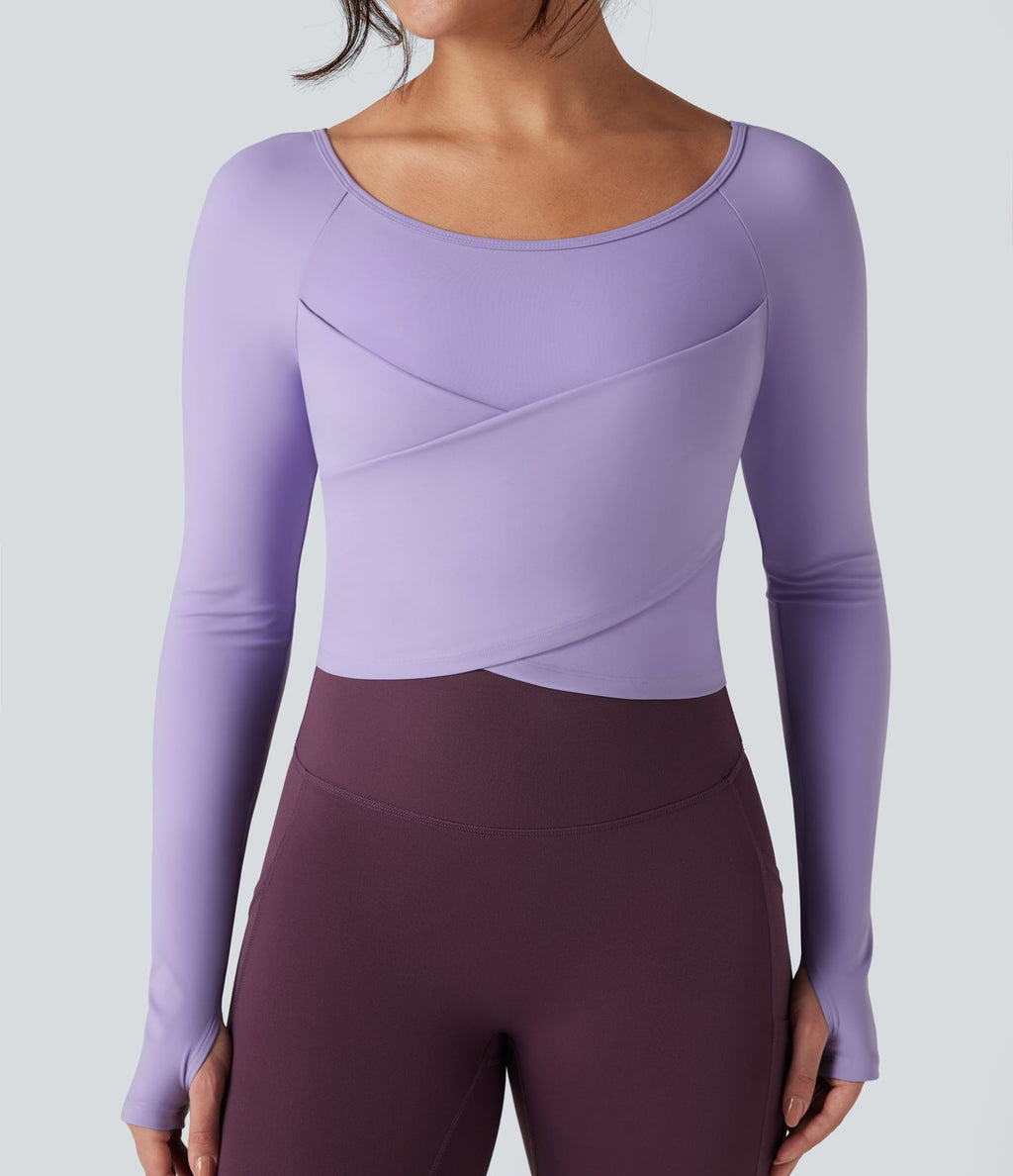 Top de sport yoga SoftlyZero™ Plush col rond ourlet croisé manches longues avec trous pouces