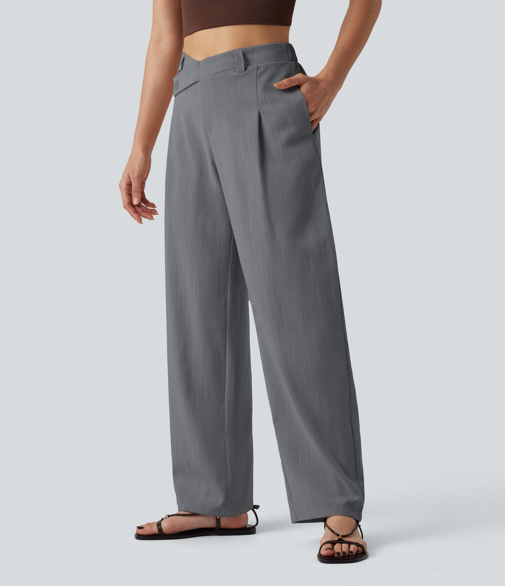 Pantalon tailleur asymétrique effet lin, taille moyenne, coupe ballon, à poches