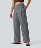 Pantalon tailleur asymétrique effet lin, taille moyenne, coupe ballon, à poches