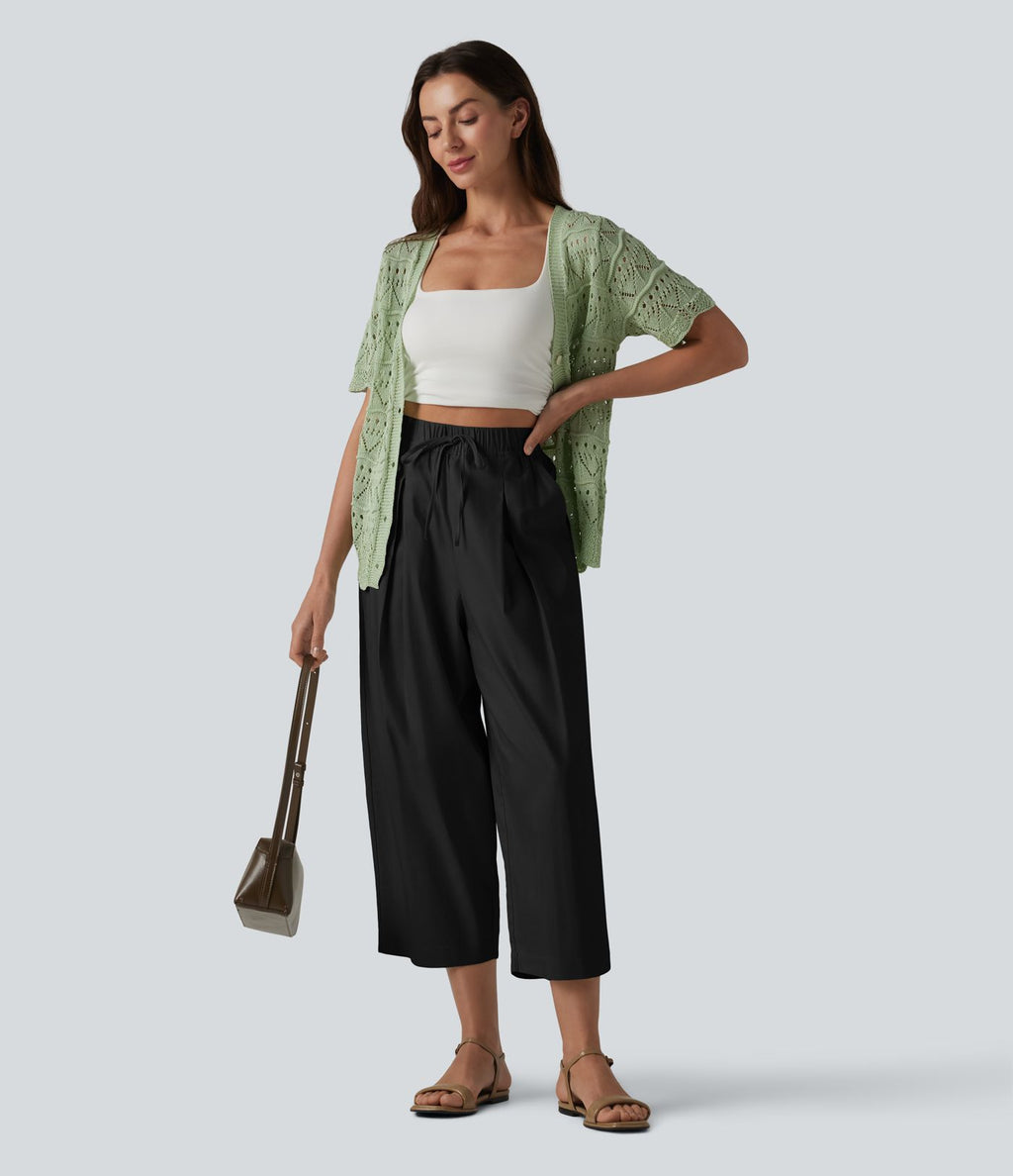 Pantalon casual court en coton et lin taille haute coupe ballon avec cordon de serrage et poches